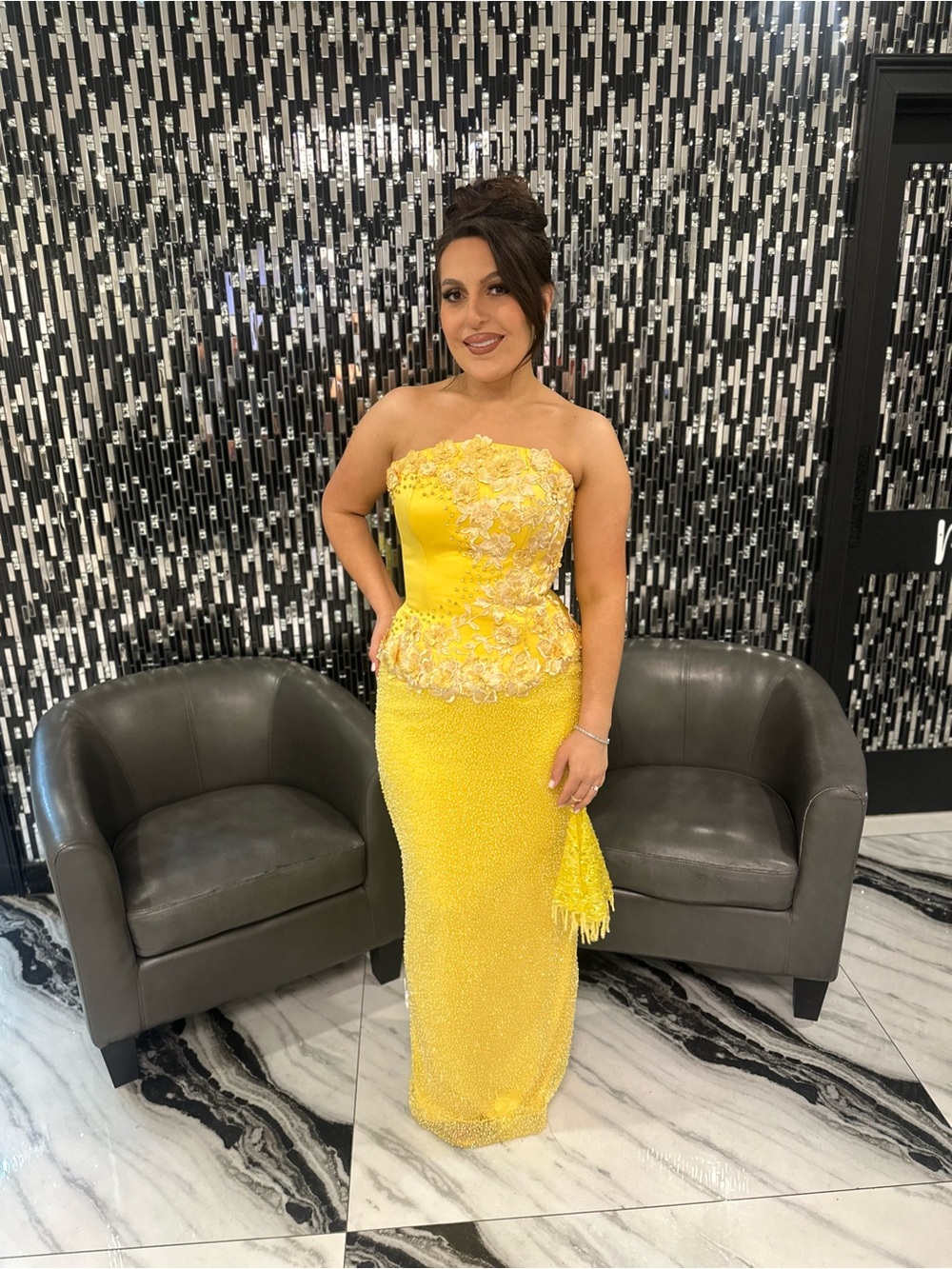 Yellow Strapless Embellished Evening Dress